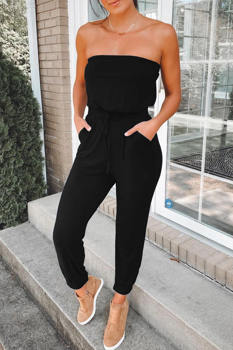 Fashion Street Solid Patchwork Strapless Jumpsuits(3 colors)