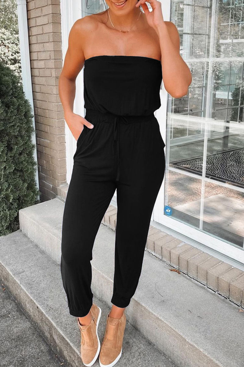 Fashion Street Solid Patchwork Strapless Jumpsuits(3 colors)