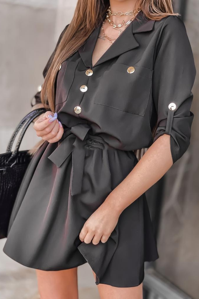 Fashion Elegant Solid Buckle Strap Design Turn-back Collar A Line Dresses