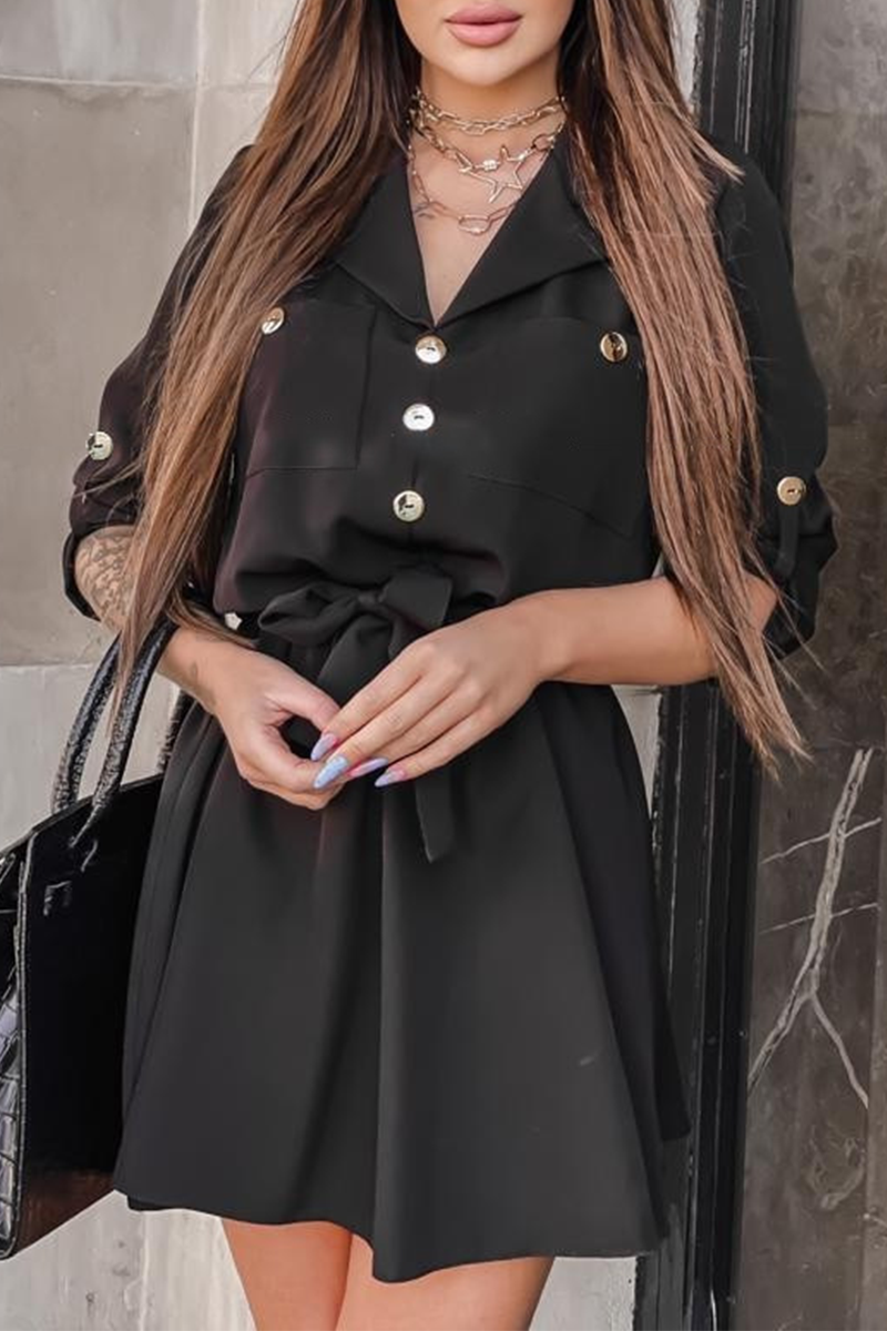 Fashion Elegant Solid Buckle Strap Design Turn-back Collar A Line Dresses