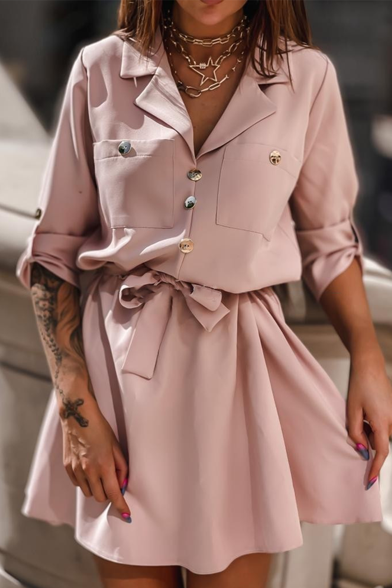 Fashion Elegant Solid Buckle Strap Design Turn-back Collar A Line Dresses