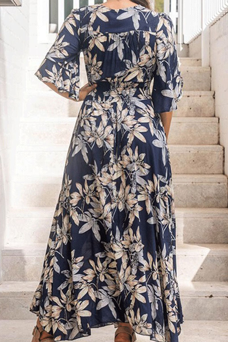 Fashion Street Print Patchwork V Neck Waist Skirt Dresses