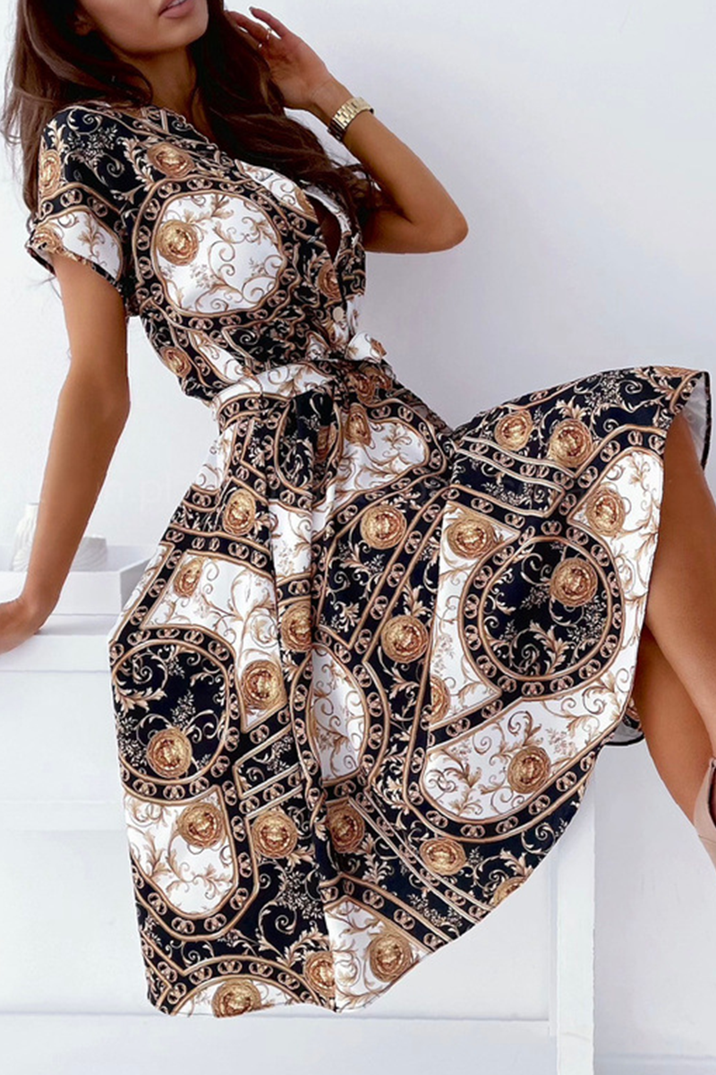 Elegant Print Buckle With Belt V Neck A Line Dresses
