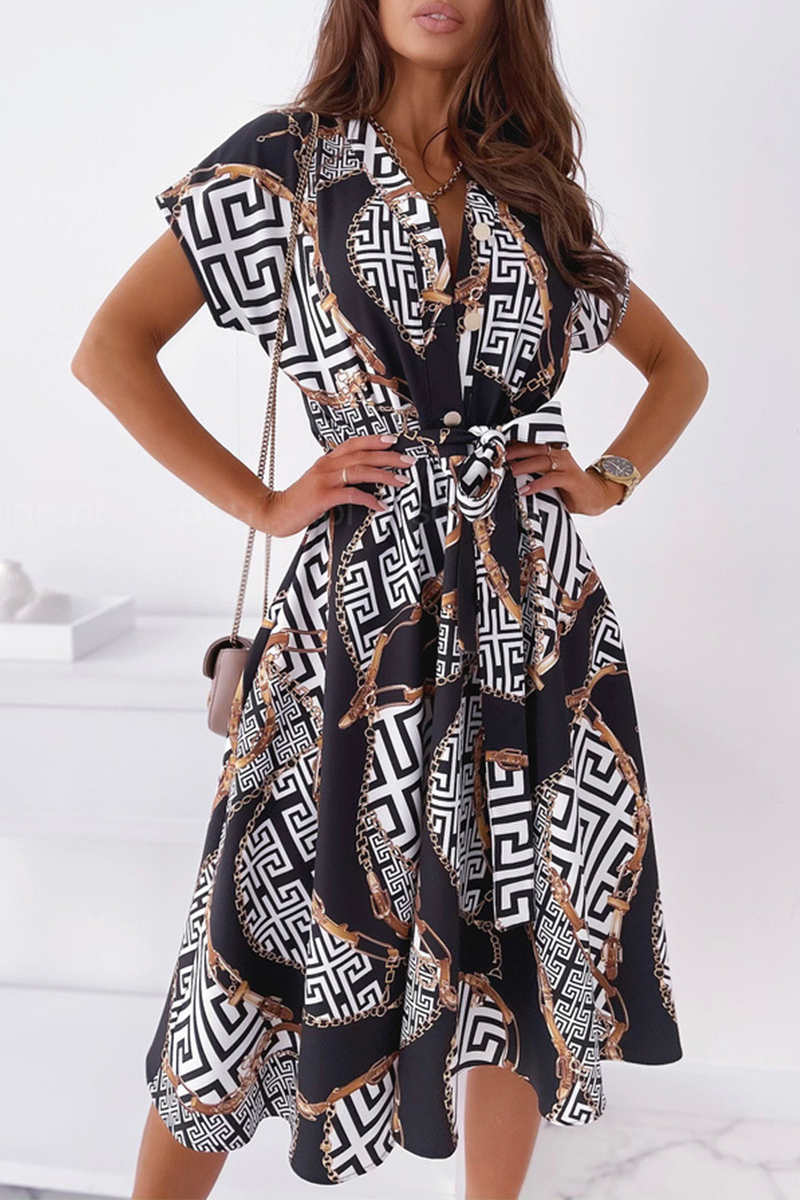 Elegant Print Buckle With Belt V Neck A Line Dresses