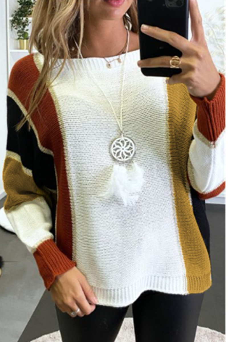 Casual Patchwork Contrast O Neck Tops