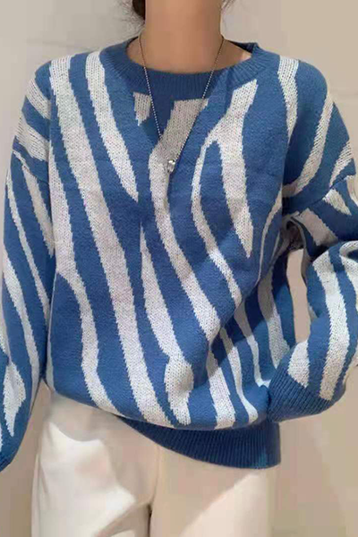 Street Striped Split Joint Contrast O Neck Tops