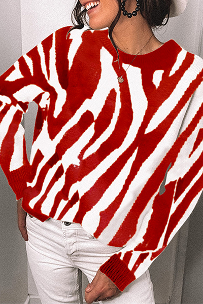 Street Striped Split Joint Contrast O Neck Tops