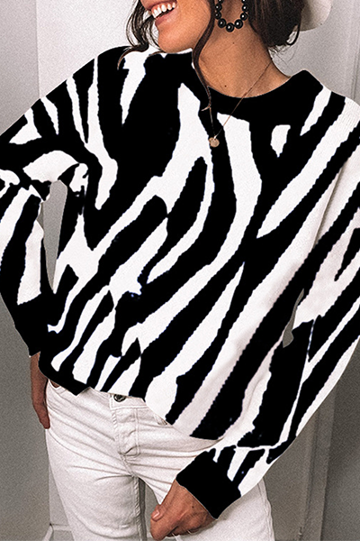 Street Striped Split Joint Contrast O Neck Tops