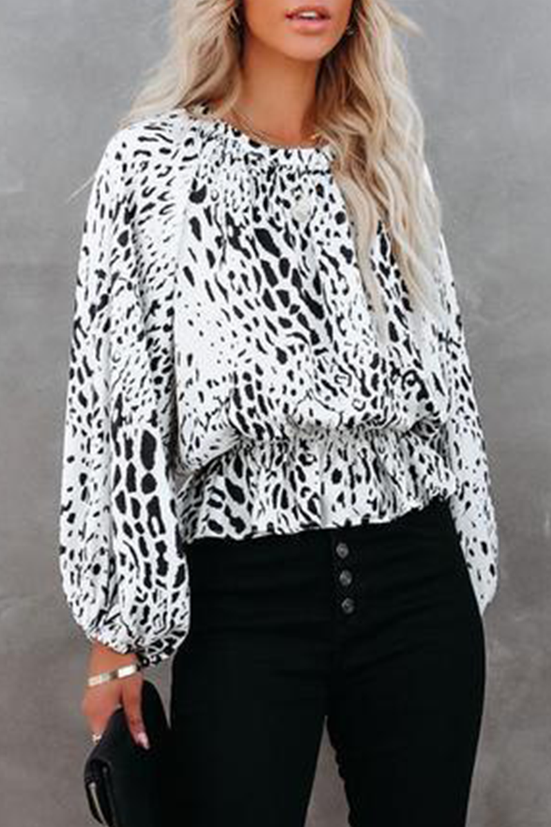 Elegant Leopard Split Joint Fold O Neck Tops
