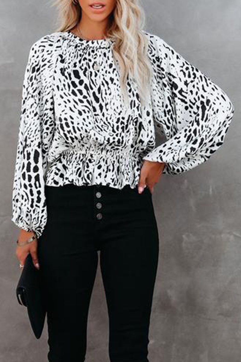 Elegant Leopard Split Joint Fold O Neck Tops
