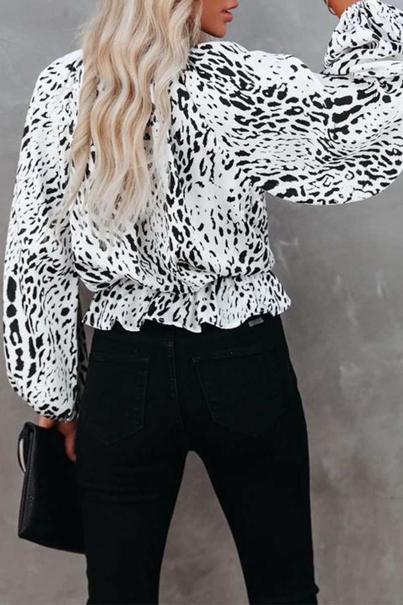 Elegant Leopard Split Joint Fold O Neck Tops