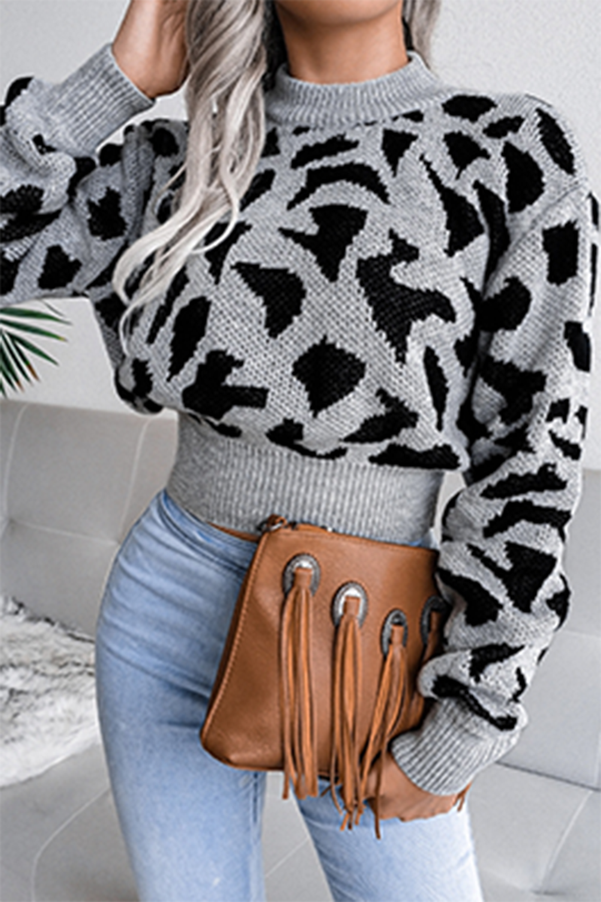 Casual Print Split Joint Contrast O Neck Tops