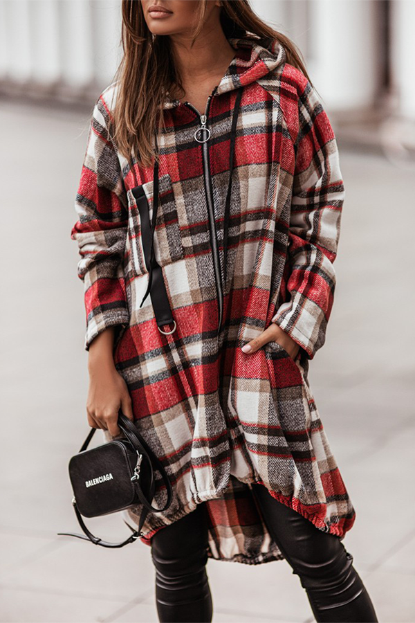 Casual Street Plaid Pocket Zipper Hooded Collar Outerwear(3 Colors)