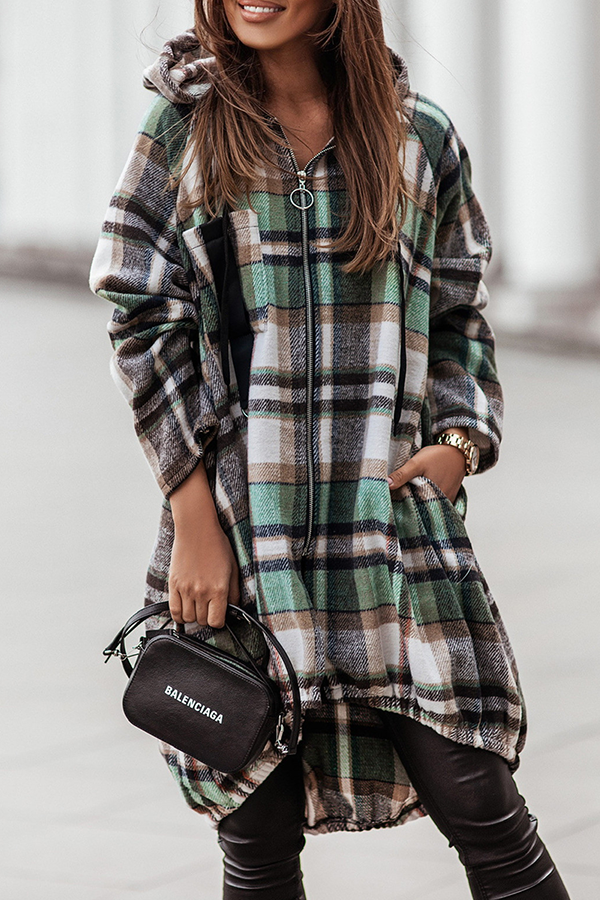 Casual Street Plaid Pocket Zipper Hooded Collar Outerwear(3 Colors)