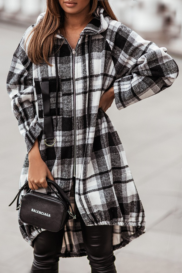 Casual Street Plaid Pocket Zipper Hooded Collar Outerwear(3 Colors)