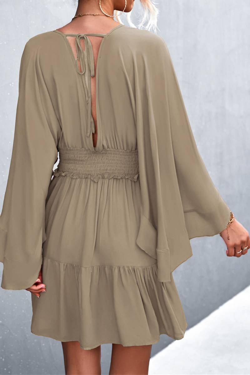 Casual Solid Patchwork V Neck Waist Skirt Dresses(3 colors)