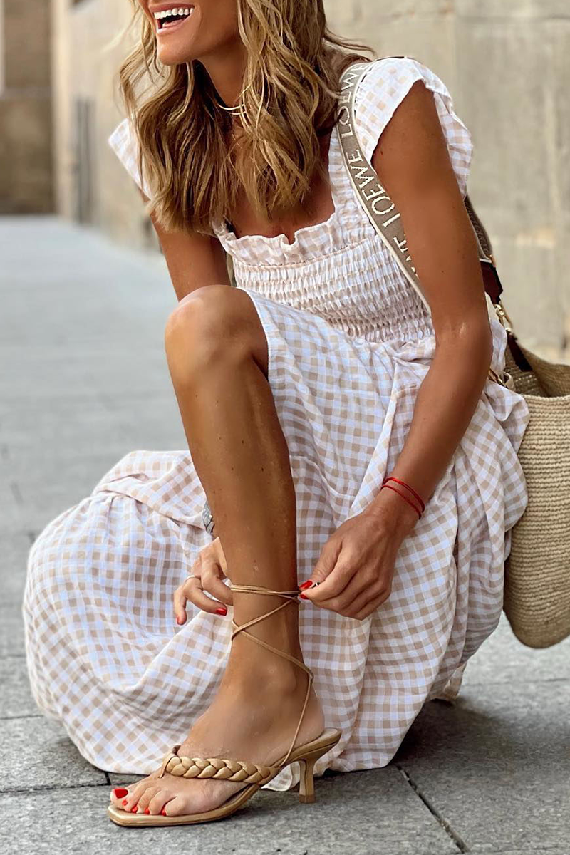 Fashion Plaid Patchwork Square Collar Cake Skirt Dresses