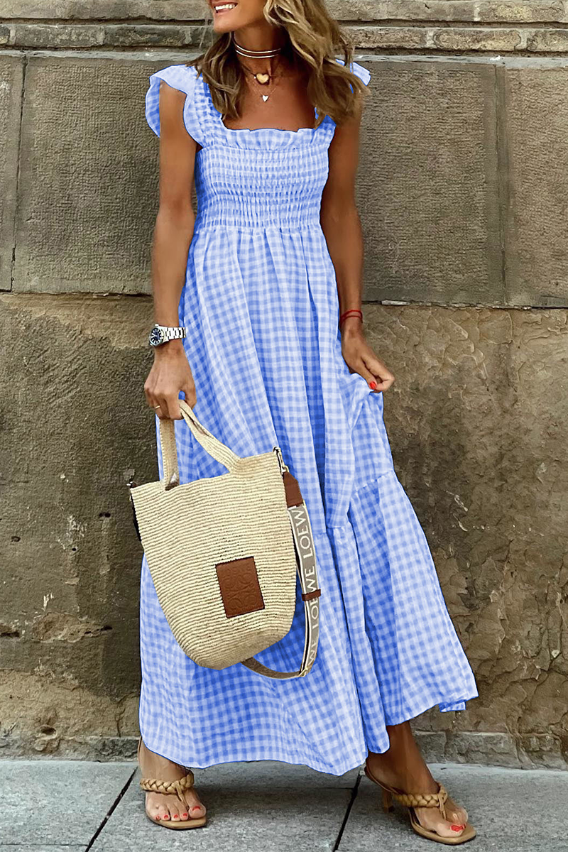 Fashion Plaid Patchwork Square Collar Cake Skirt Dresses