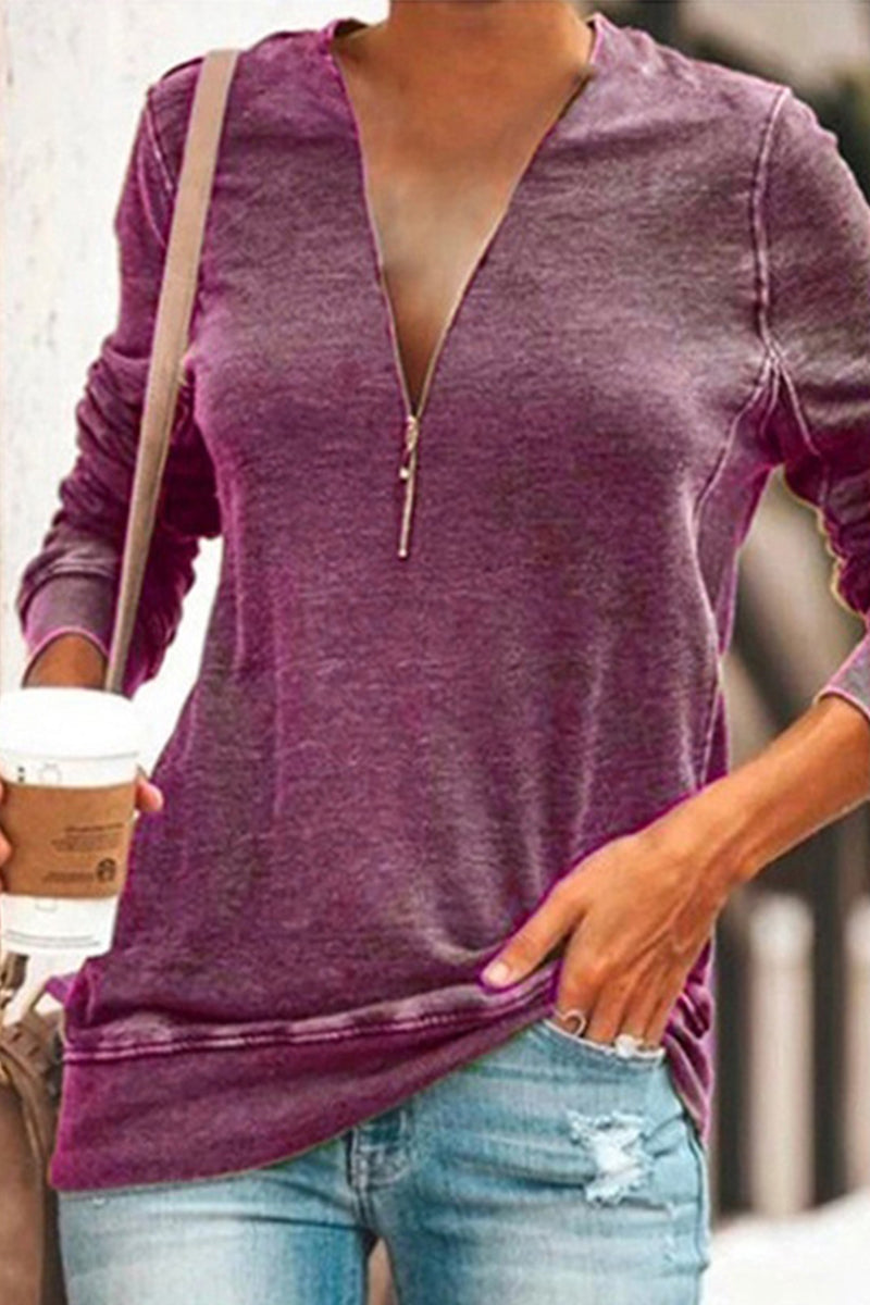 Work Solid Patchwork Zipper V Neck Tops(5 Colors)