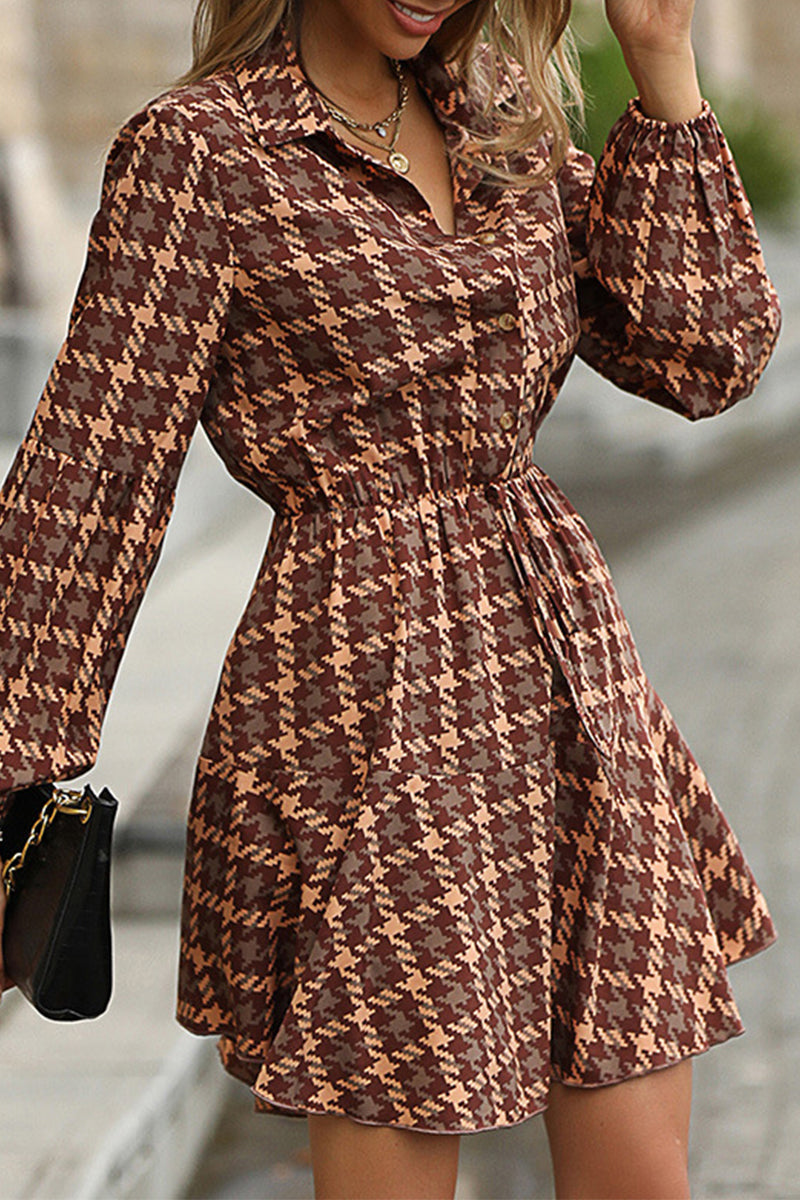 Elegant College Plaid Frenulum Turndown Collar A Line Dresses
