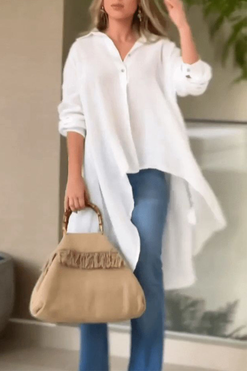Elegant Solid Asymmetrical Solid Color Shirt Collar Tops