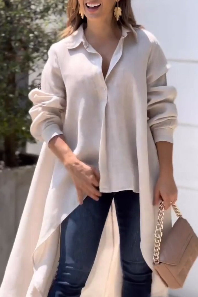Elegant Solid Asymmetrical Solid Color Shirt Collar Tops