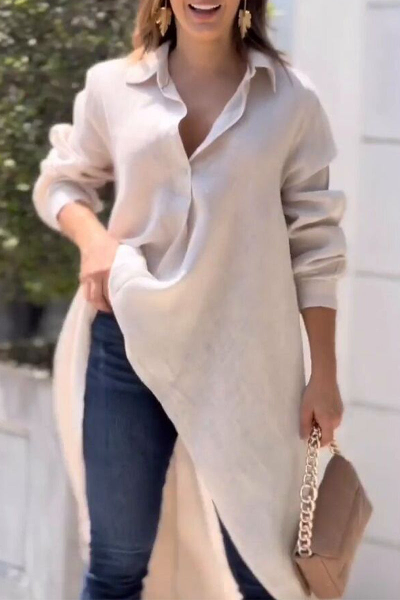 Elegant Solid Asymmetrical Solid Color Shirt Collar Tops