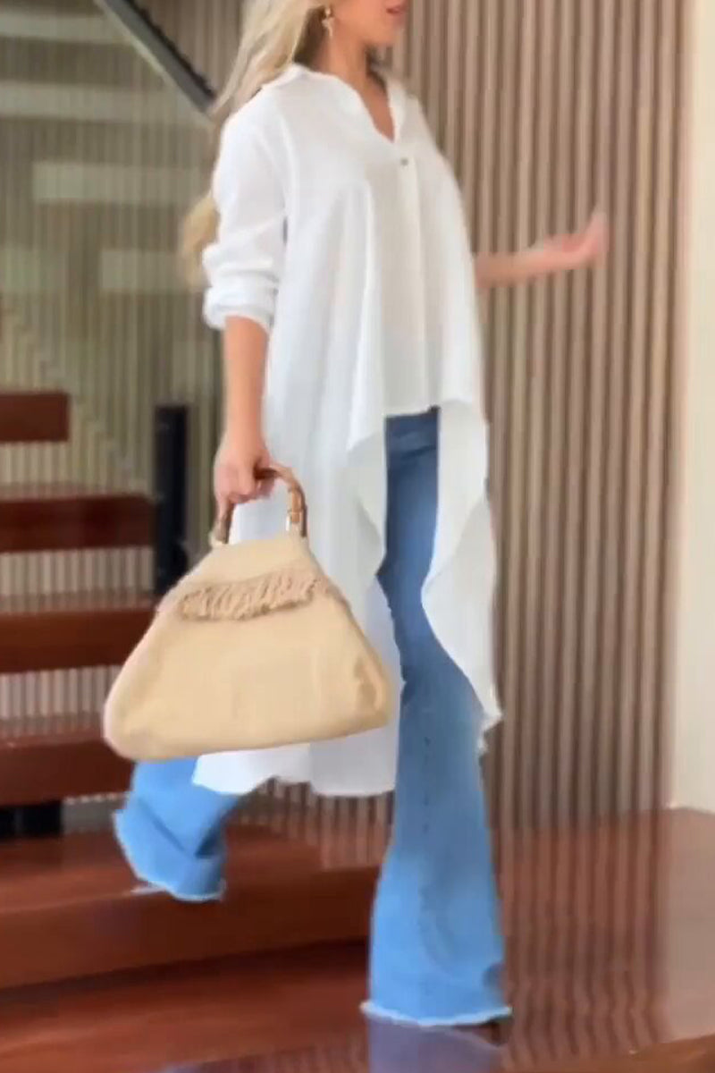 Elegant Solid Asymmetrical Solid Color Shirt Collar Tops