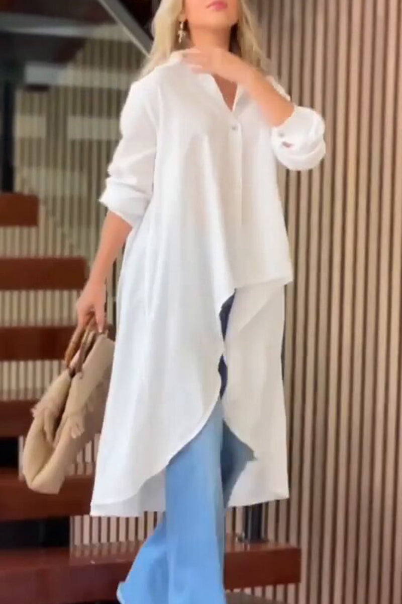 Elegant Solid Asymmetrical Solid Color Shirt Collar Tops