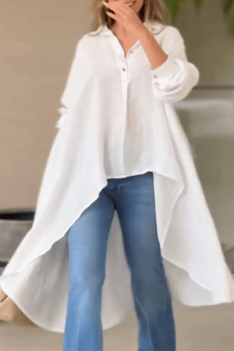 Elegant Solid Asymmetrical Solid Color Shirt Collar Tops
