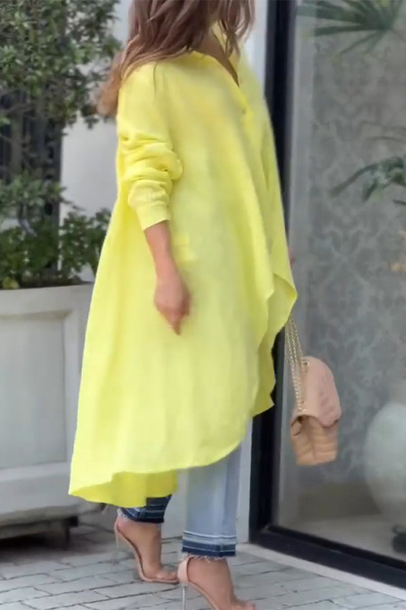 Elegant Solid Asymmetrical Solid Color Shirt Collar Tops