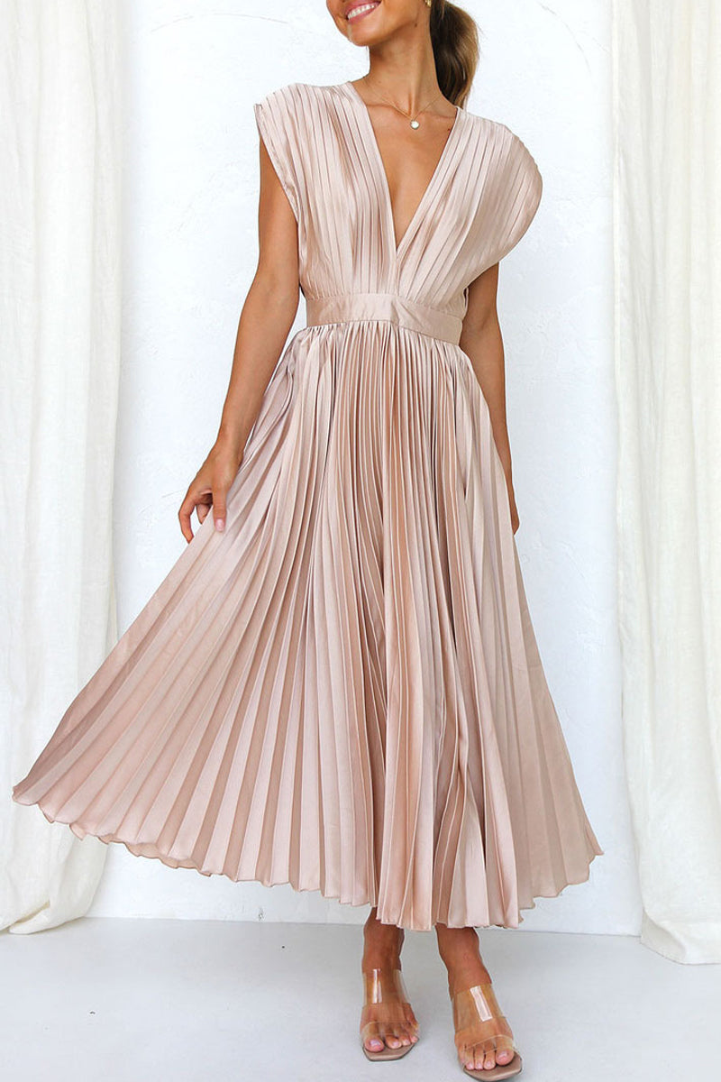 Sexy Simplicity Solid Frenulum Zipper V Neck Pleated Dresses(3 Colors)