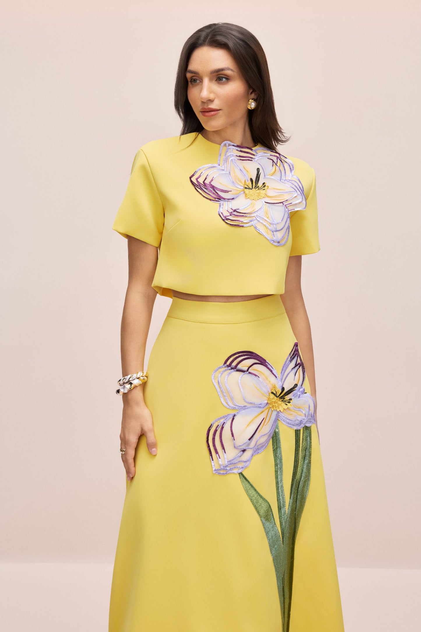 Angelica Floral Applique Short Sleeve Top & Skirt Set