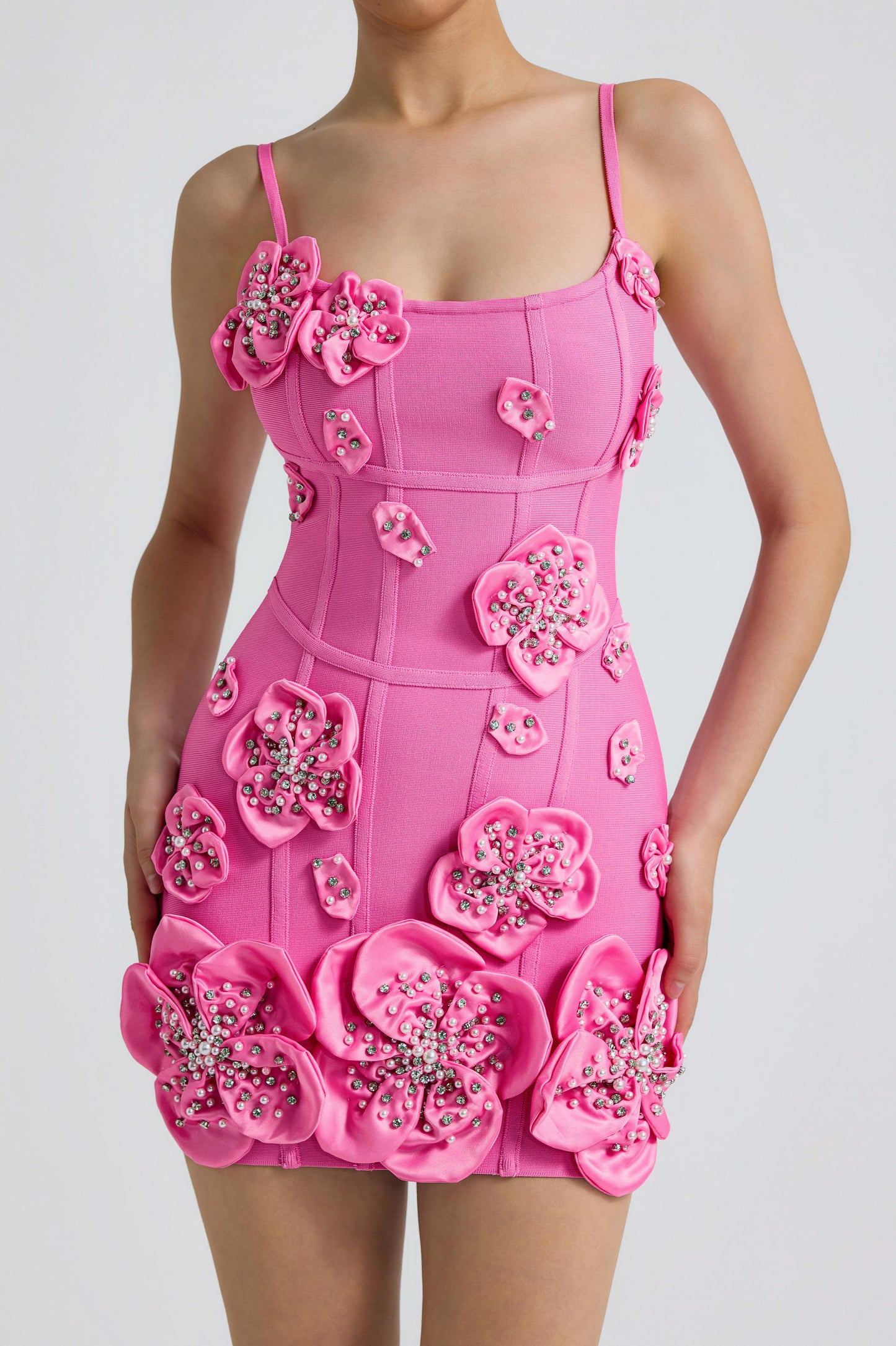 Bandage Rhinestone Rivets 3D Flower Mini Dress
