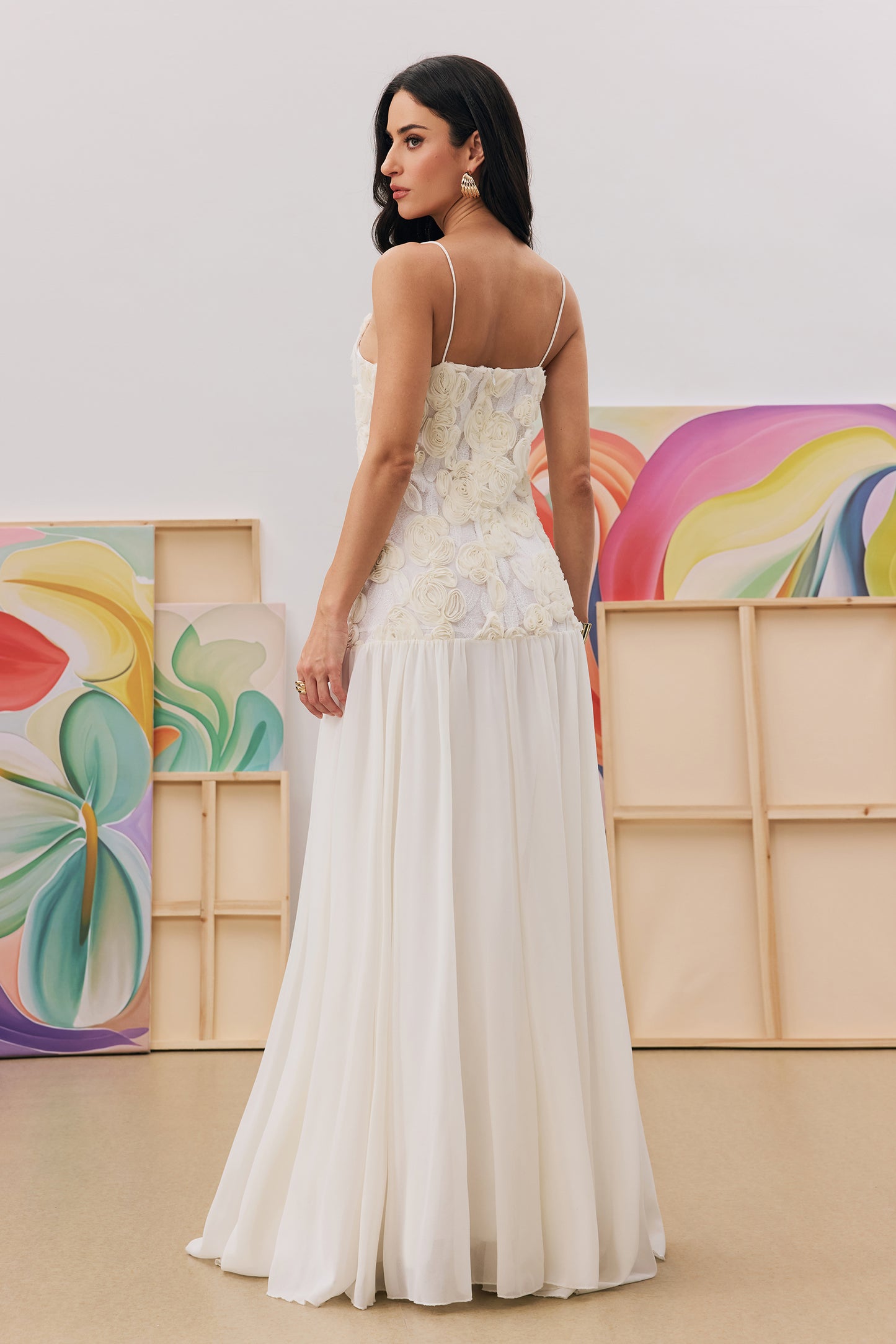 Andrea Floral Applique Pleated Chiffon Maxi Dress