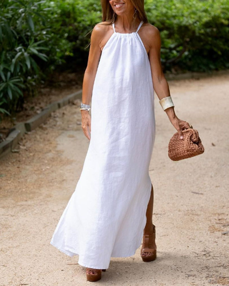 Solid Color Halter Slit Dress