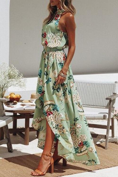 Fashion Round Neck Floral Print Green Dress