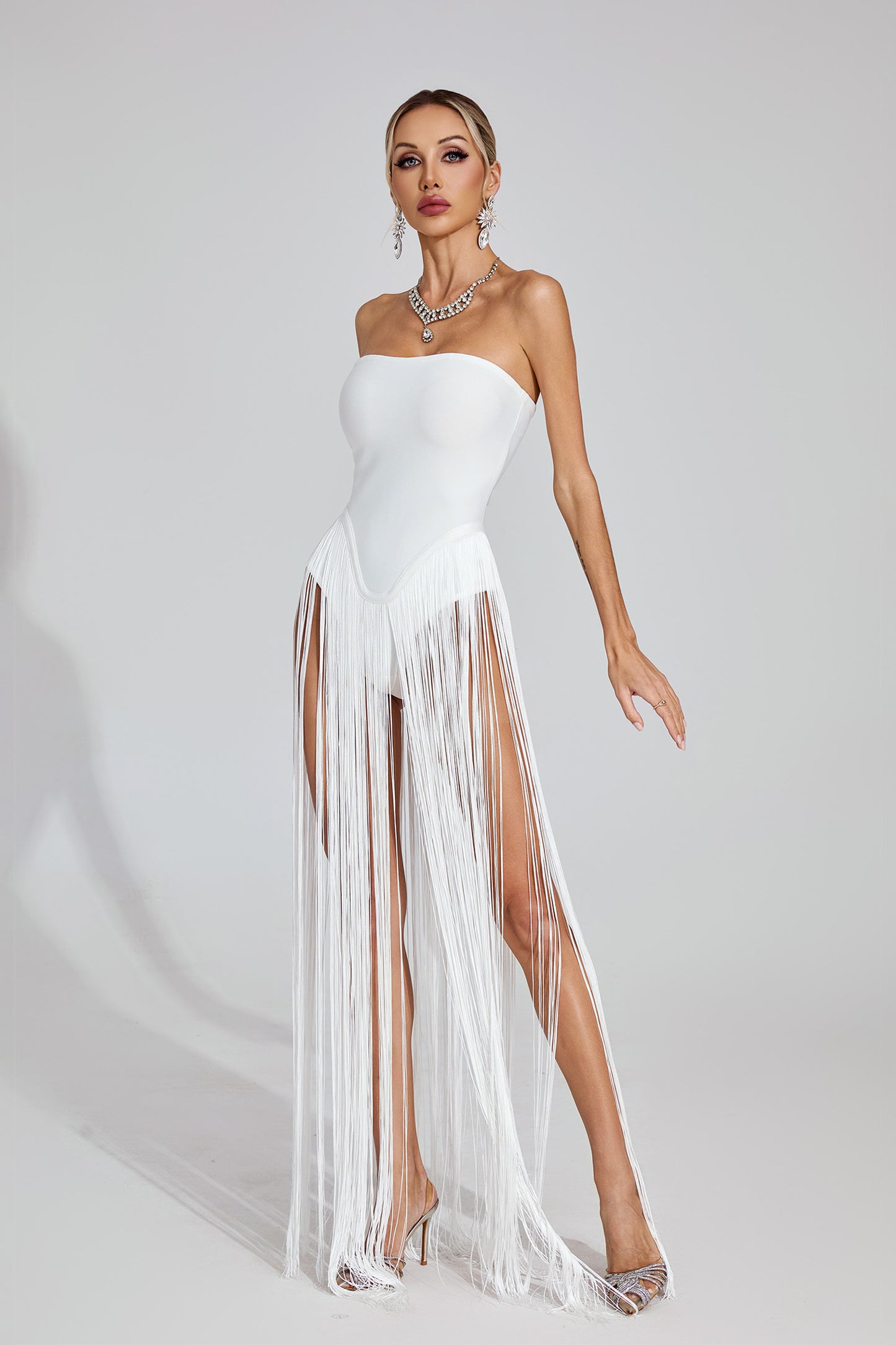 Briare White Fringe Strapless Maxi Dress