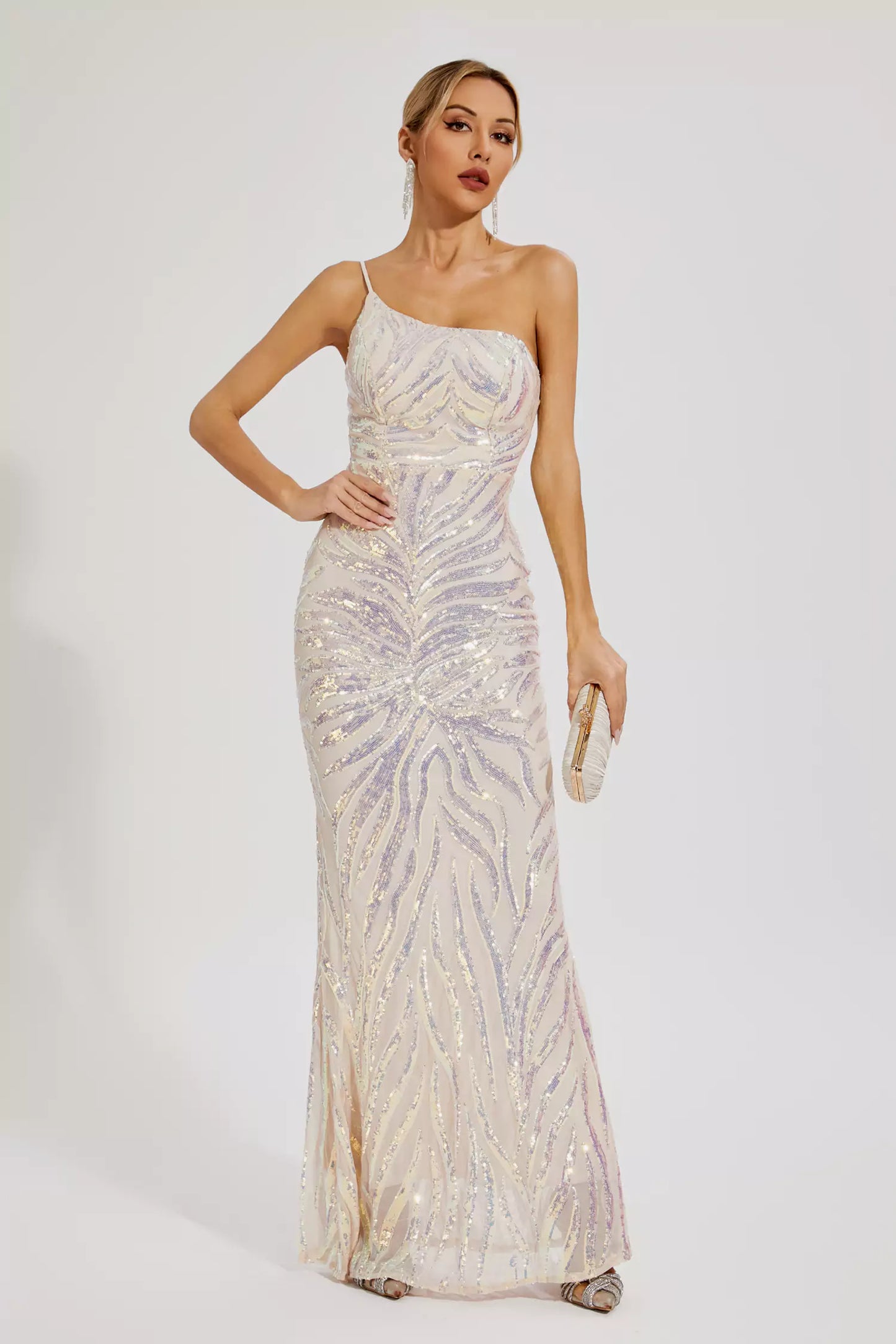 Elia Apricot Sequins One-shoulder Dress