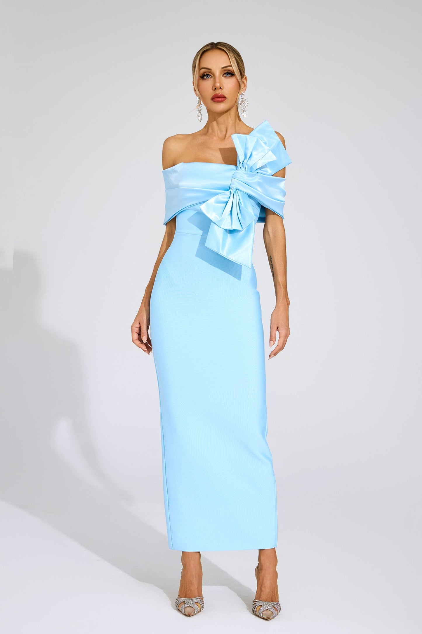 Foster Blue Bow Tie Bandage Dress