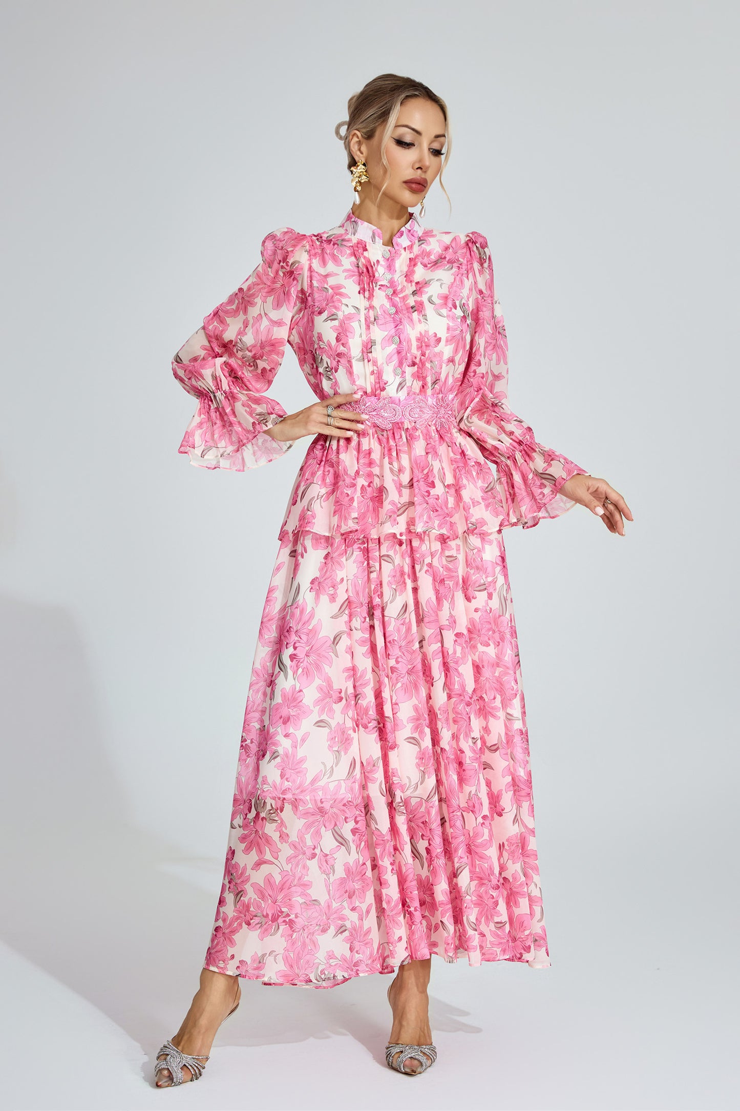 Gale Pink Floral Chiffon Maxi Dress