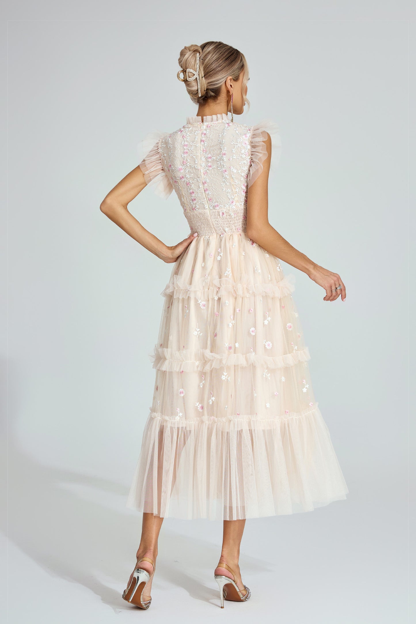 Hulda Apricot Embroidered Tulle Maxi Dress