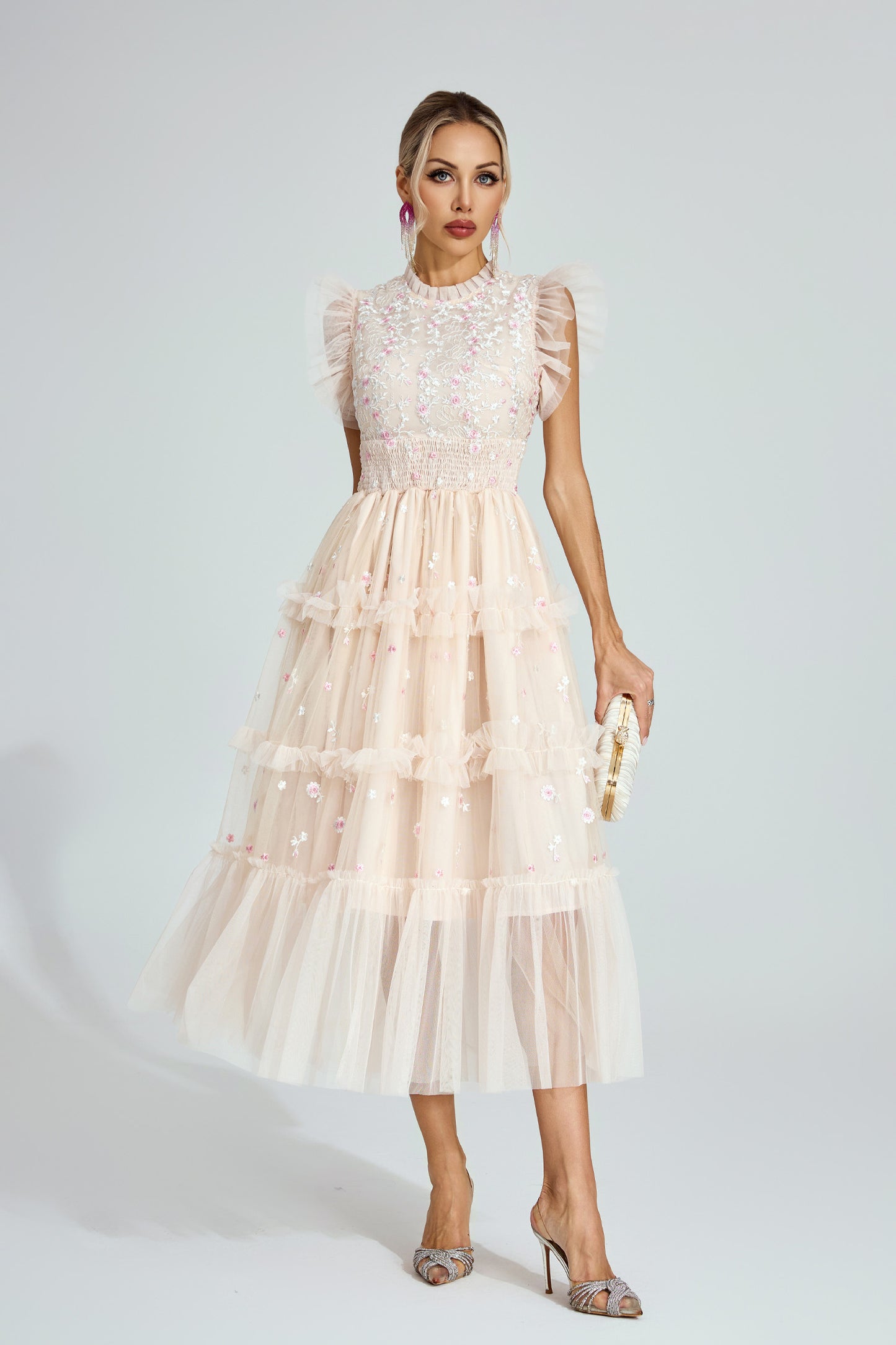Hulda Apricot Embroidered Tulle Maxi Dress