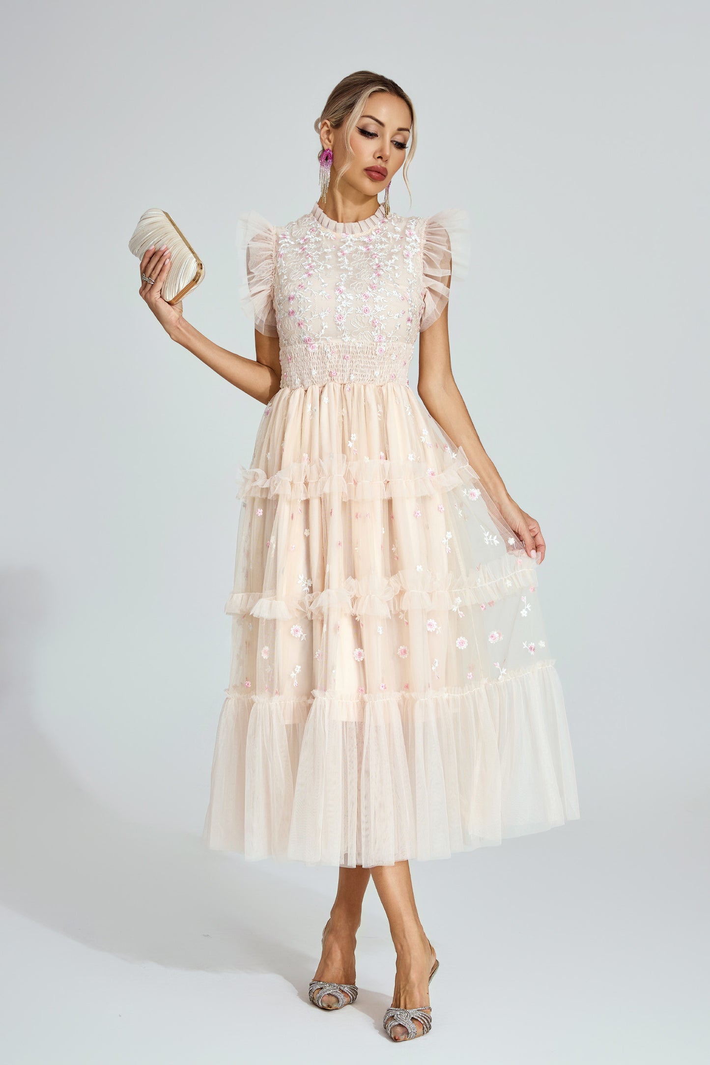 Hulda Apricot Embroidered Tulle Maxi Dress
