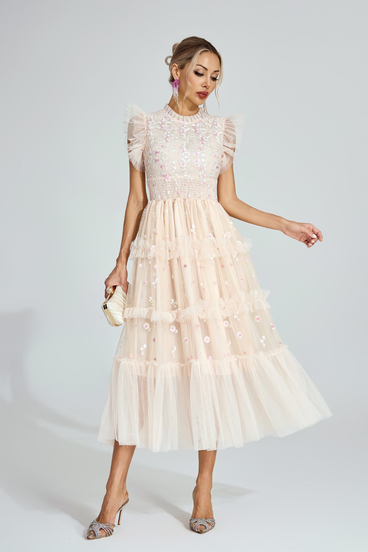 Hulda Apricot Embroidered Tulle Maxi Dress