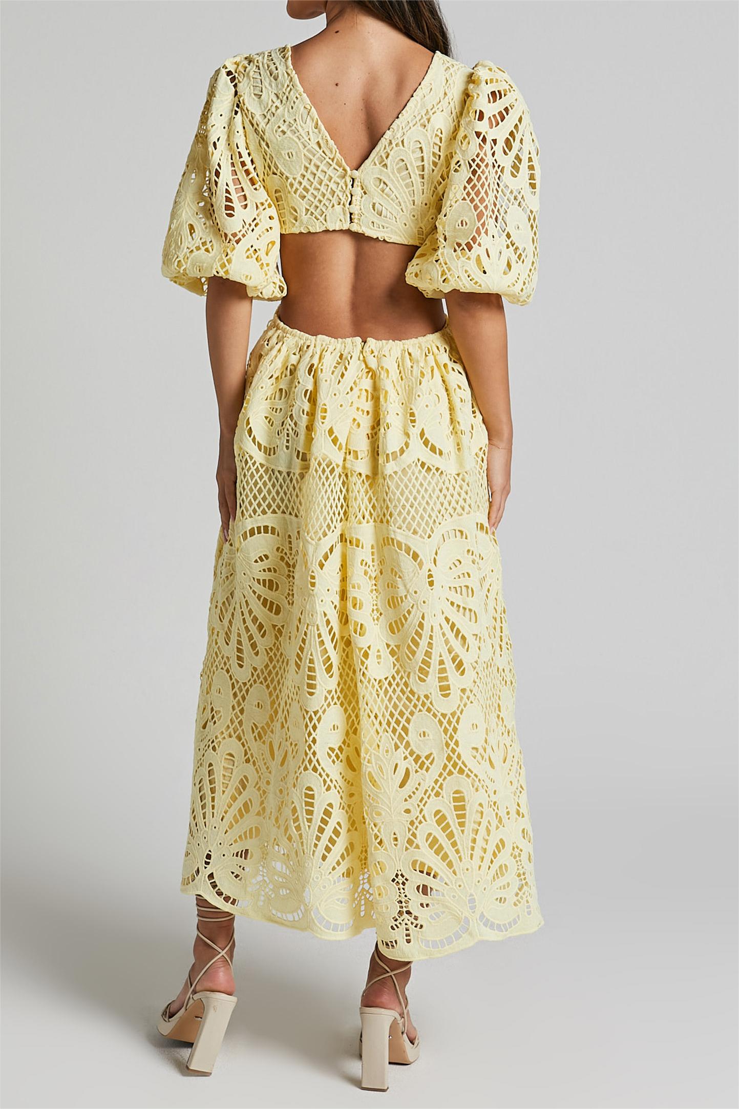 Lace V-Neck Cut-Out Midi Dress Yellow