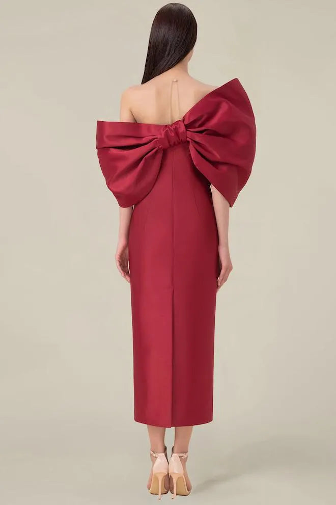 Bow Off-Shoulder Asymmetrical Midi Dress