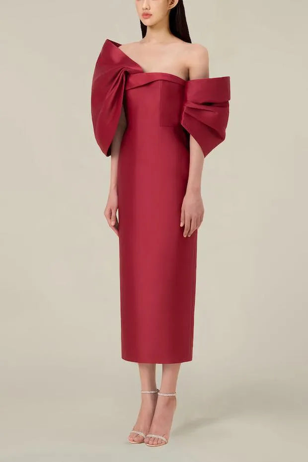 Bow Off-Shoulder Asymmetrical Midi Dress