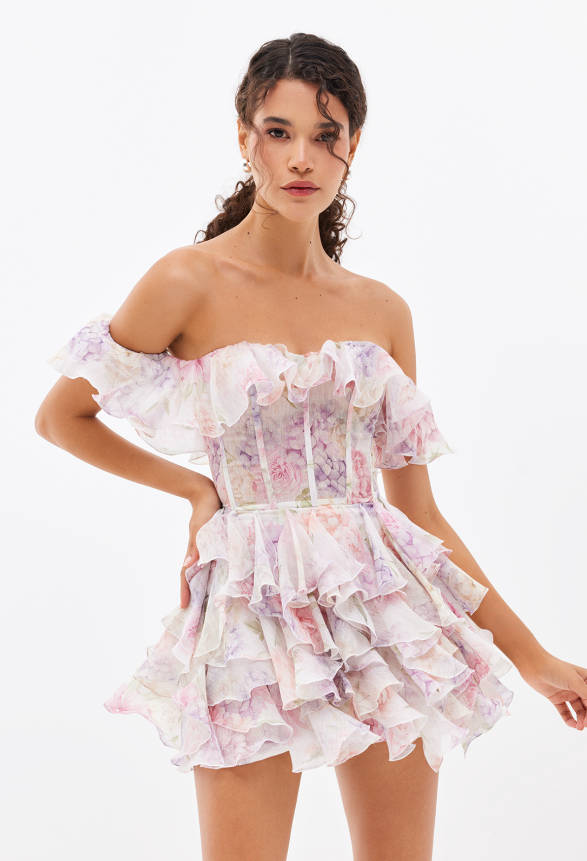 Floral Chiffon Off-Shoulder Mini Dress