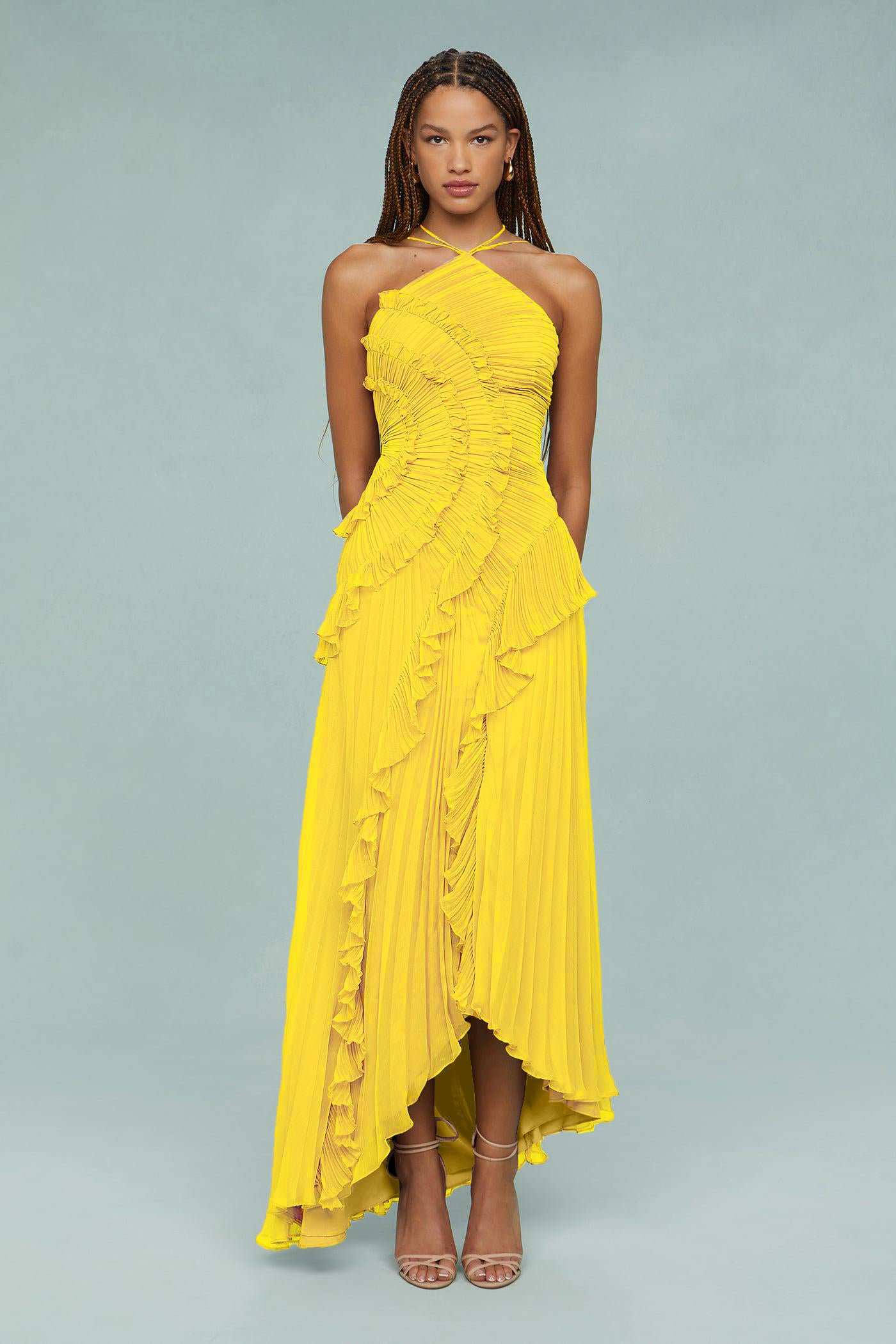 Pleated Frill Halter Neck Midi Dress